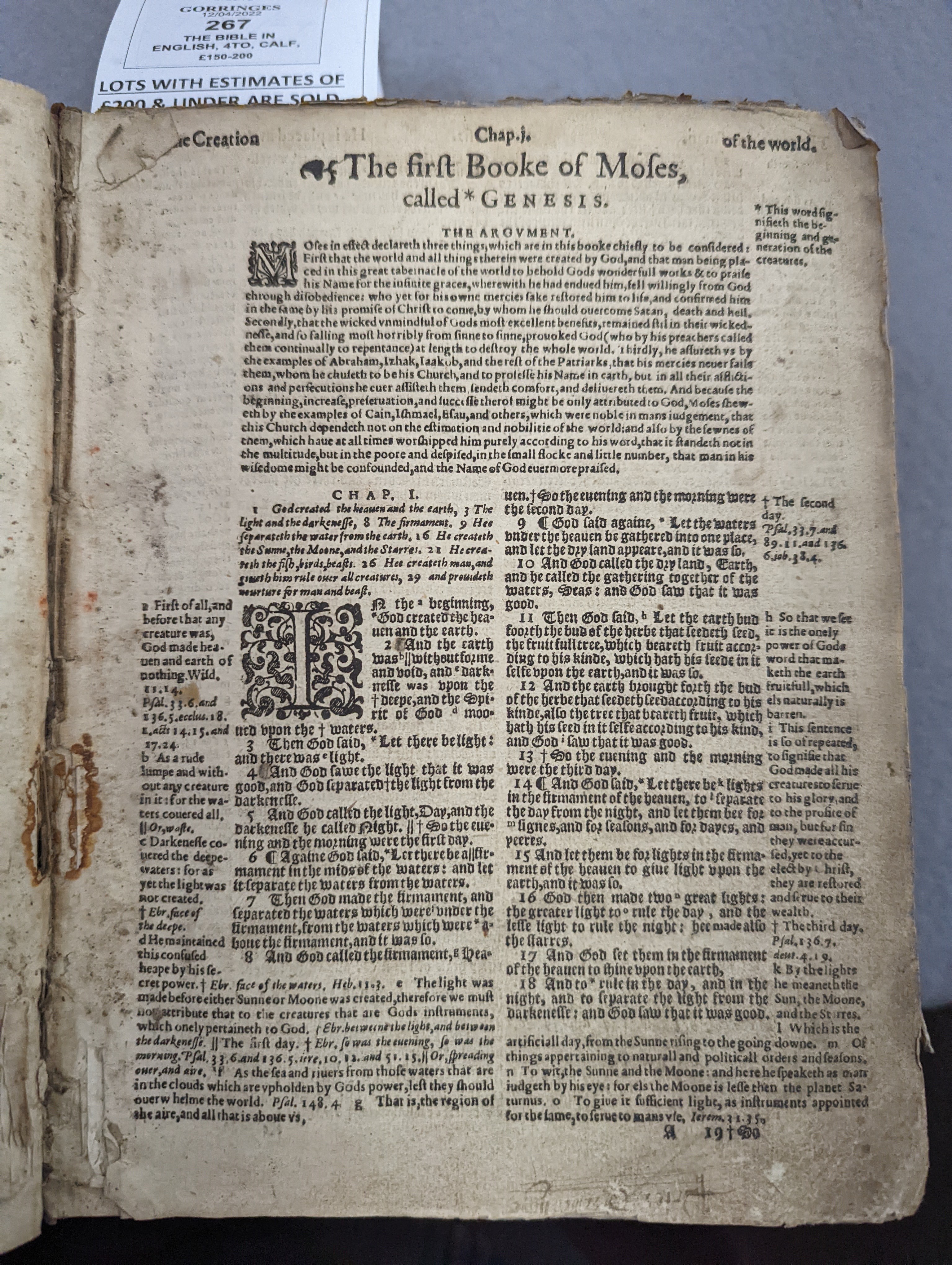 The Bible in English, 4to, calf, lacking first page of The Communion, bound with The Psalmes, The New Testament, The Whole Booke of Psalmes and Concordances (1613) half of p. 244 of Proverbs and of The Names and Order of